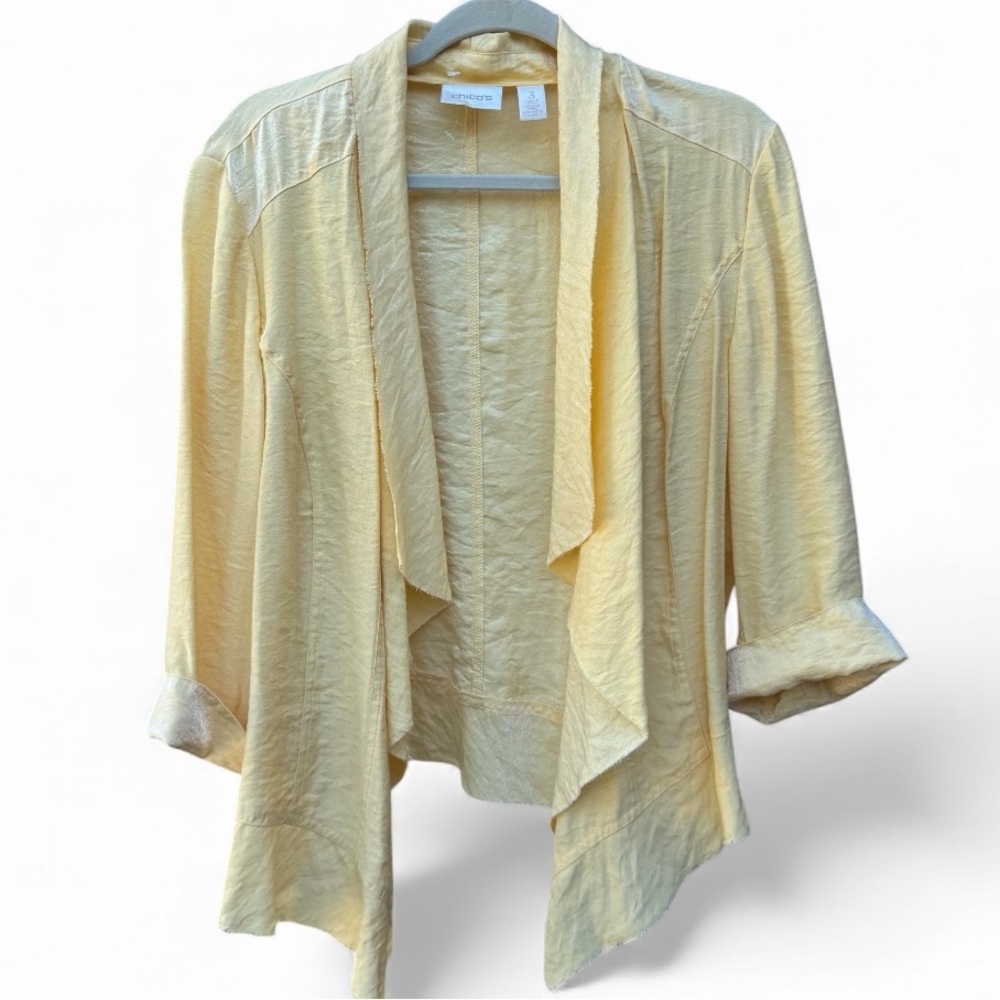Chico’s Butter Yellow Shimmery Draped Cardigan Jacket, Size 3/XL/16